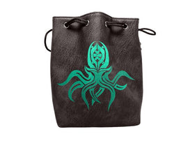 Black Leather Lite Cthulhu Design Self-Standing Large Dice Bag - Bards & Cards