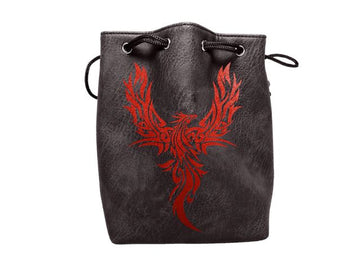 Black Leather Lite Phoenix Design Self-Standing Large Dice Bag - Bards & Cards