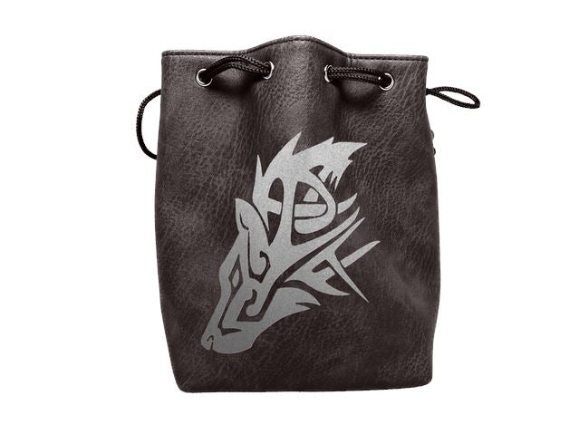 Black Leather Lite Wolf Design Self-Standing Large Dice Bag - Bards & Cards