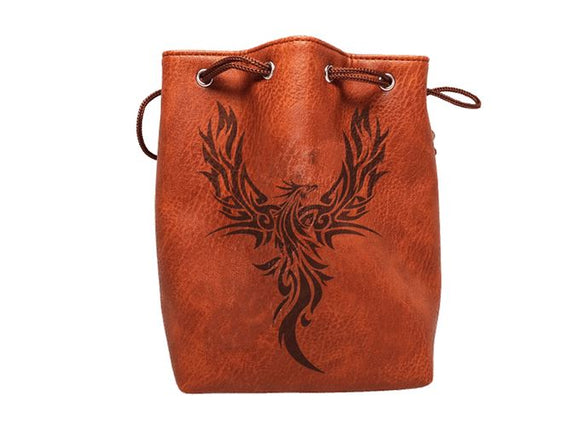 Brown Leather Lite Phoenix Design Self-Standing Large Dice Bag - Bards & Cards