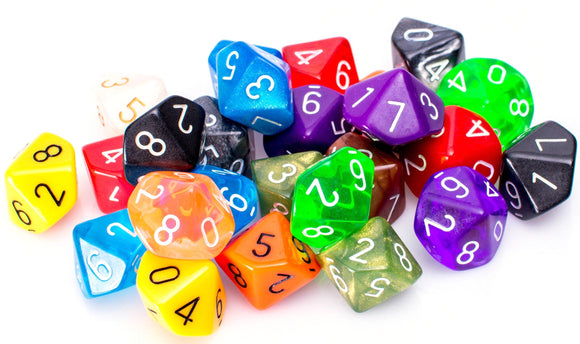 Bulk 10 Sided Dice | 25 Random D10s | Assorted Colors - Bards & Cards
