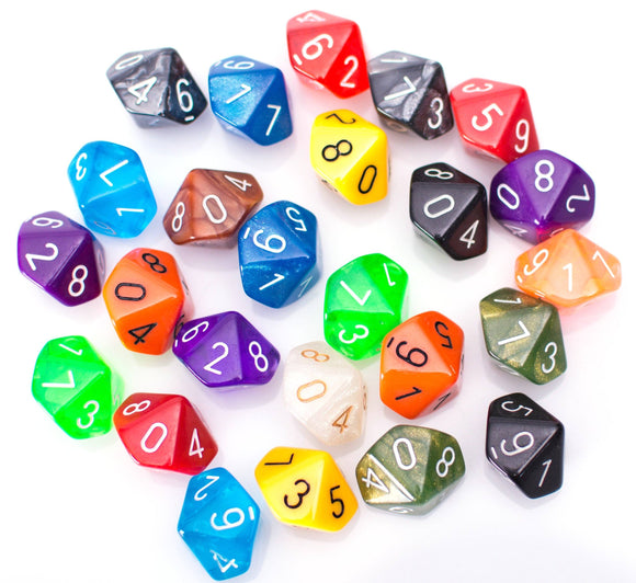 Bulk 10 Sided Dice | 25 Random D10s | Assorted Colors - Bards & Cards