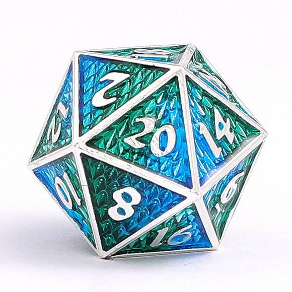 Solid Metal Mini Behemoth Dice set - Silver with Green Blue - Bards & Cards