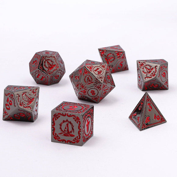 Wizard Solid Metal Polyhedral Dice Set - Gunmetal with Blood - Bards & Cards