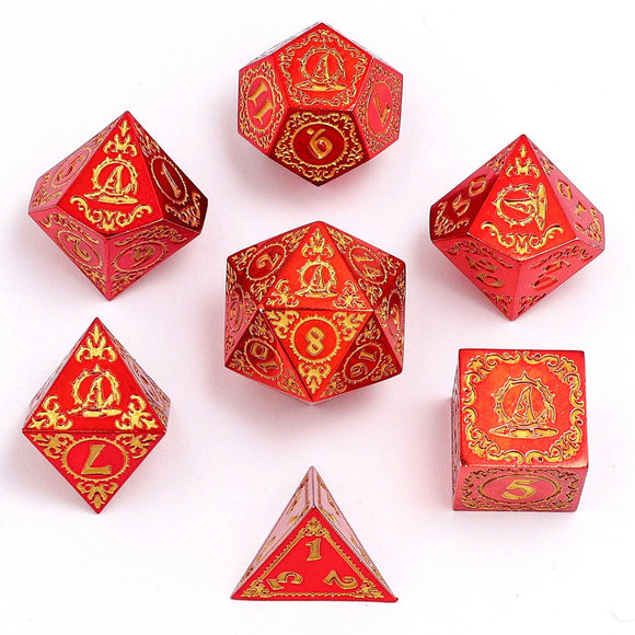 Wizard Solid Metal Polyhedral Dice Set - Red with Gold - Bards & Cards