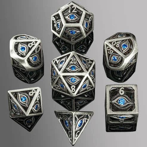 Dragon's Eye Hollow Metal Dice Set - Aqua Blue Gems - Bards & Cards