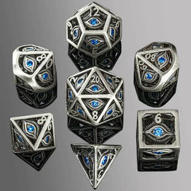 Dragon's Eye Hollow Metal Dice Set - Aqua Blue Gems - Bards & Cards