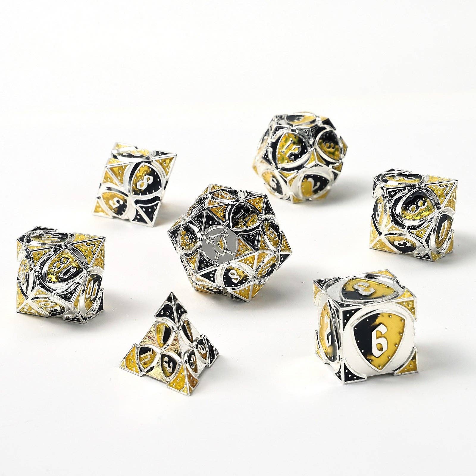 Solid Metal Fighter Class RPG Dice Set - Silver/Yellow/Black