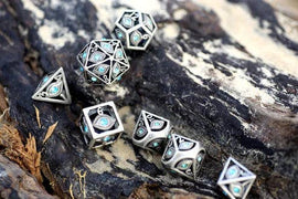 Dragon's Eye Hollow Metal Dice Set - Aqua Blue Gems - Bards & Cards