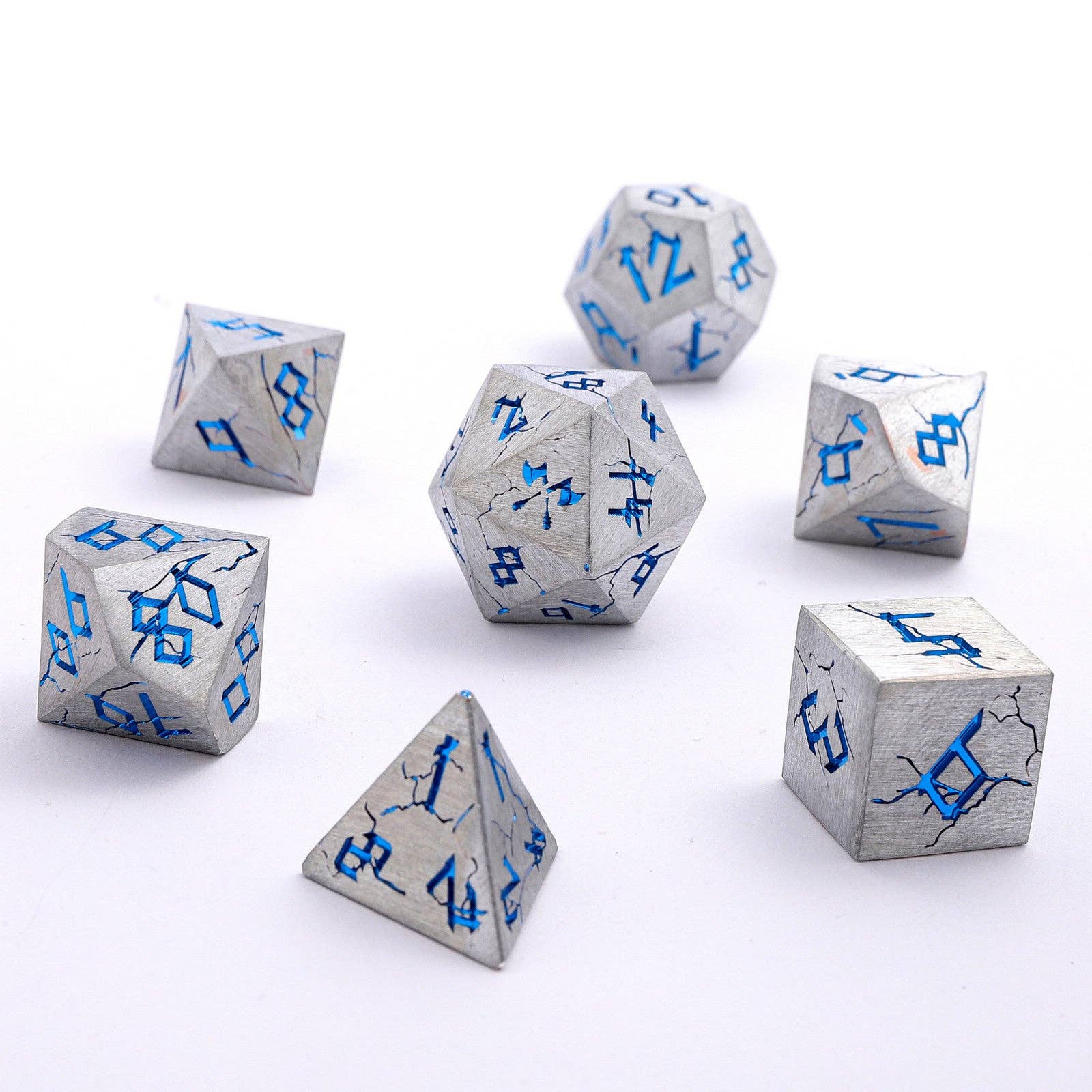 Barbarian Solid Metal Polyhedral Dice Set - Matte Silver Blue - Bards & Cards