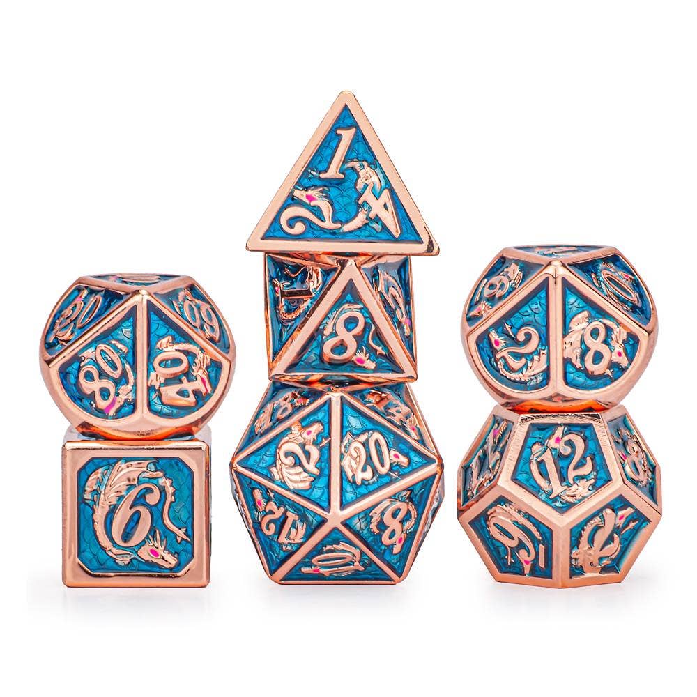 Copper with Light Blue Solid Metal Dragon Dice set - Bards & Cards