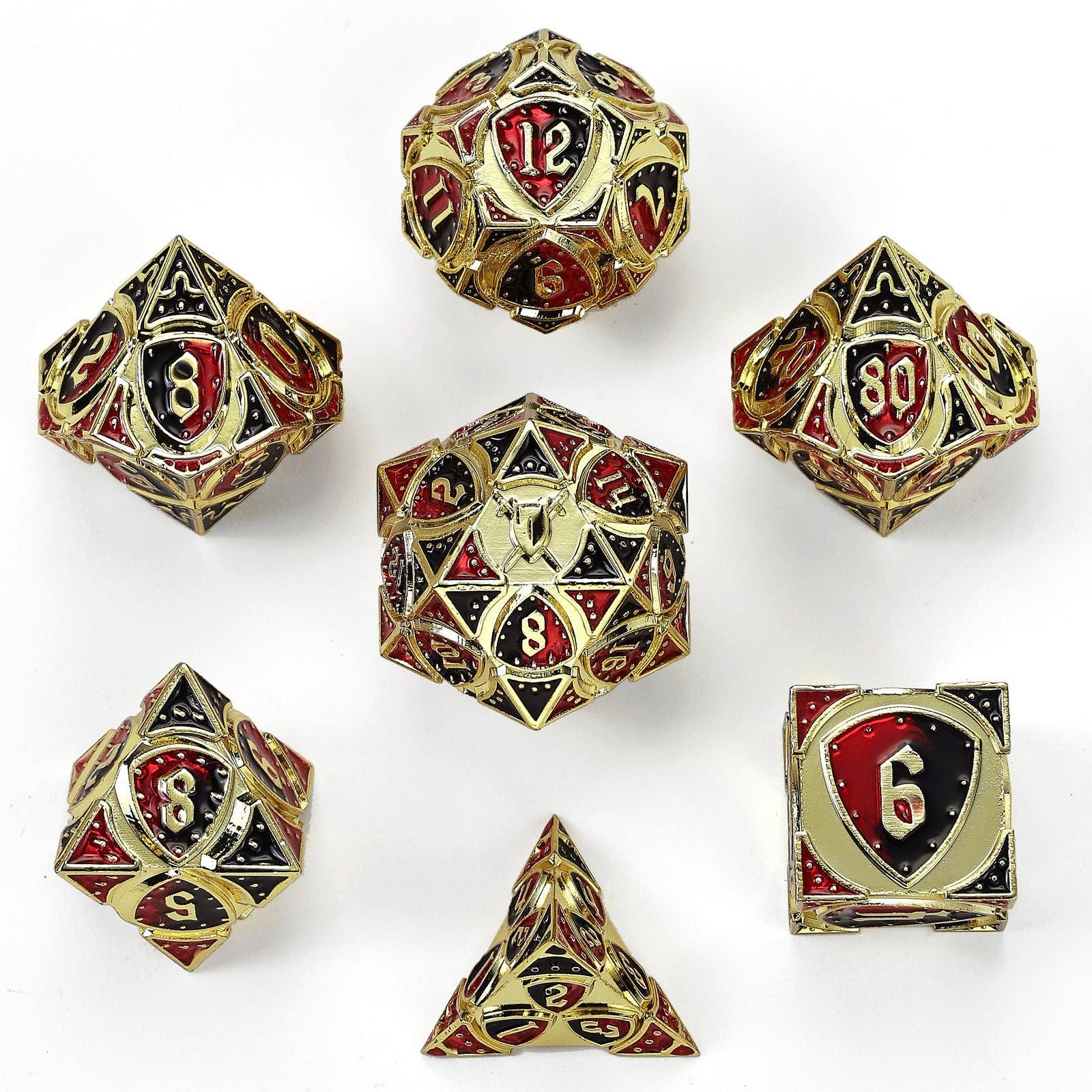 Solid Metal Fighter Class RPG Dice Set - Gold w/ Red & Black