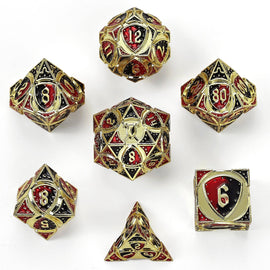 Solid Metal Fighter Class RPG Dice Set - Gold w/ Red & Black - Bards & Cards