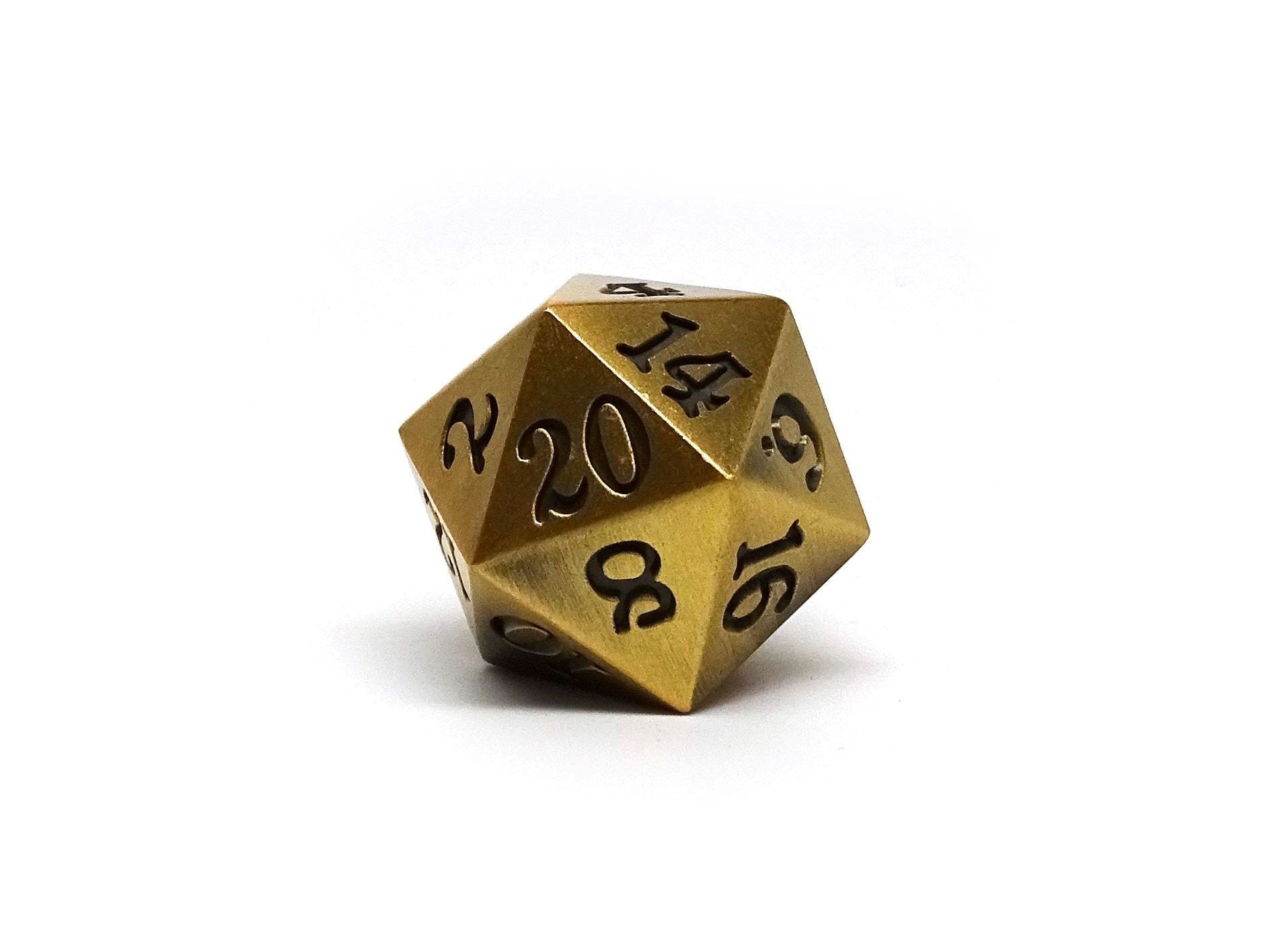 Legendary Gold D20 Dice - Metal Single 20 Sided Dice - Bards & Cards