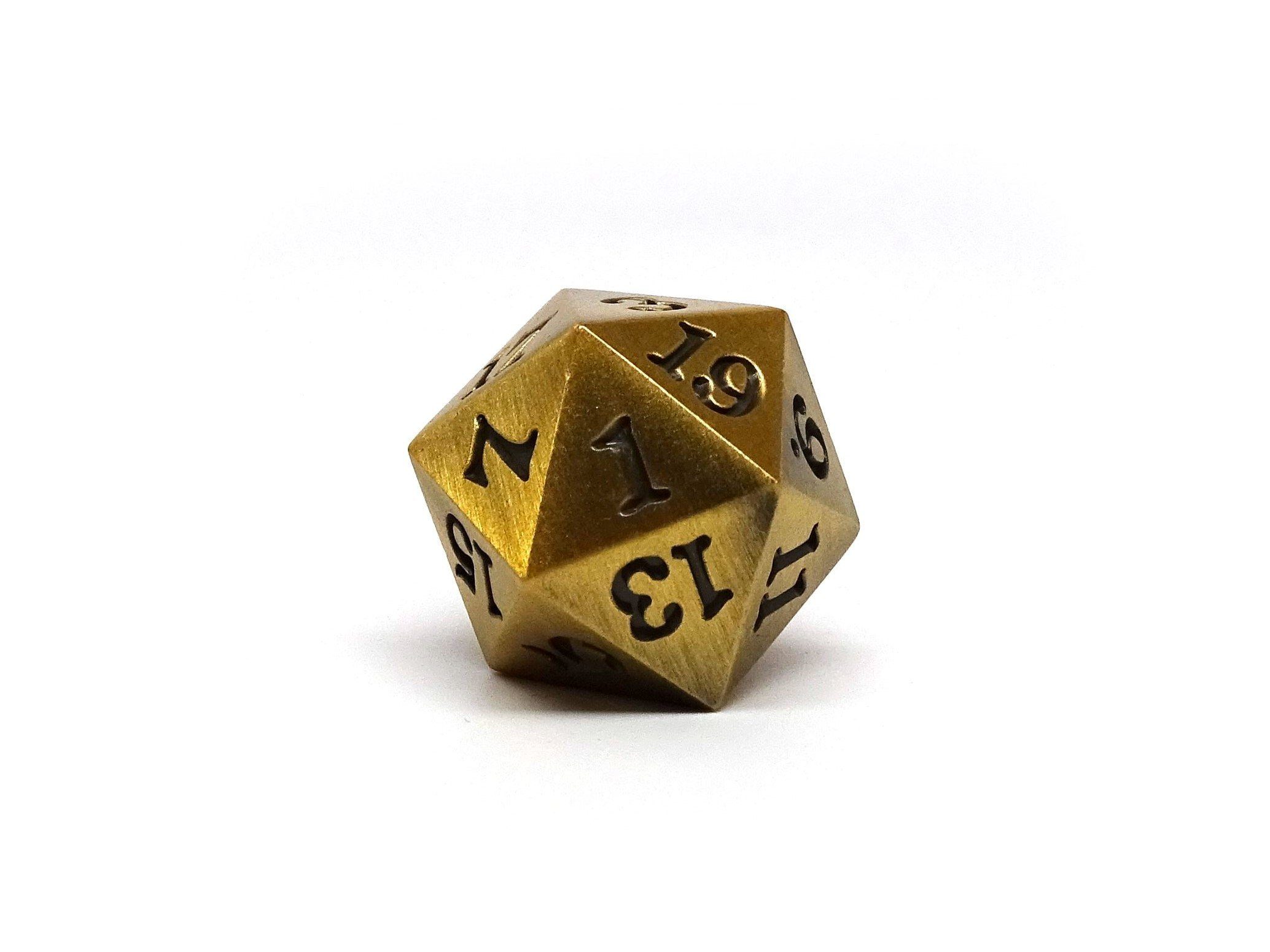 Legendary Gold D20 Dice - Metal Single 20 Sided Dice - Bards & Cards