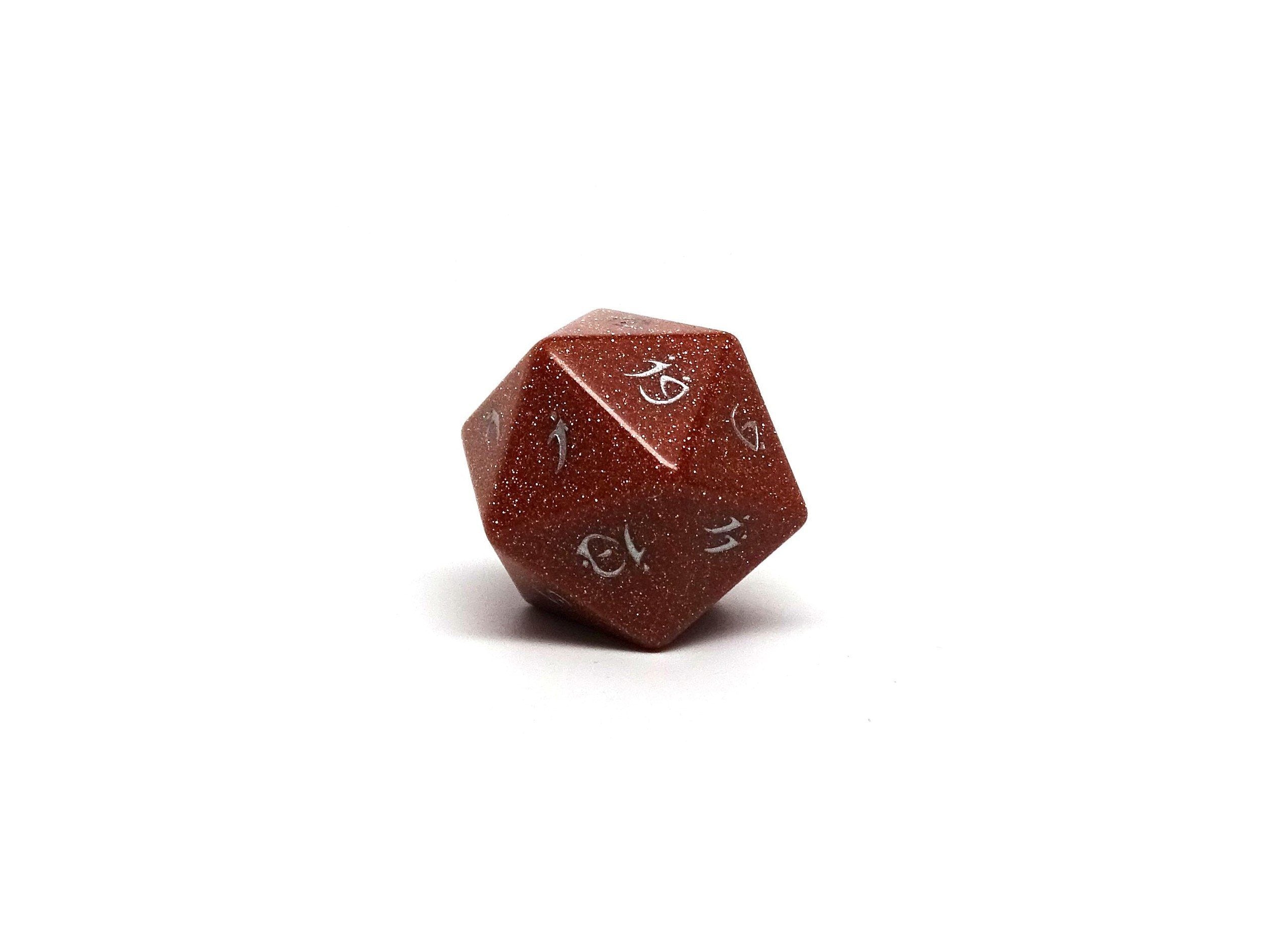 Stone D20 Dice - Goldstone - Elvenkind Font - Bards & Cards