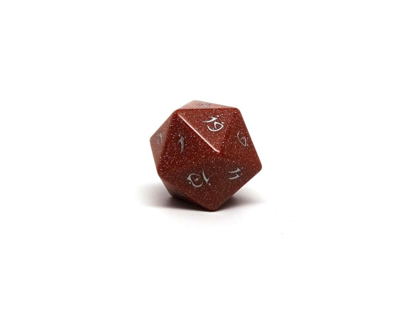 Stone D20 Dice - Goldstone - Elvenkind Font - Bards & Cards
