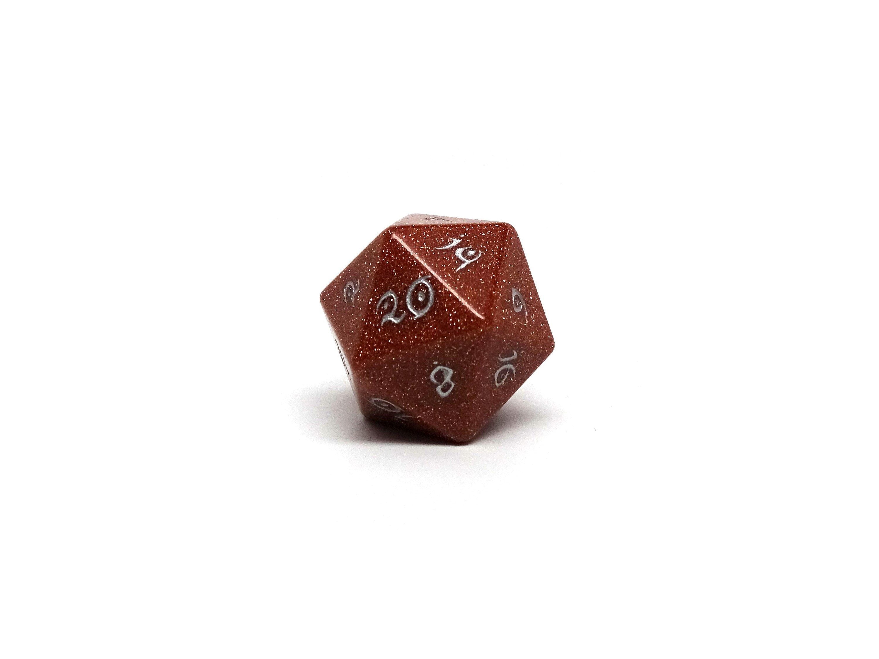 Stone D20 Dice - Goldstone - Elvenkind Font - Bards & Cards