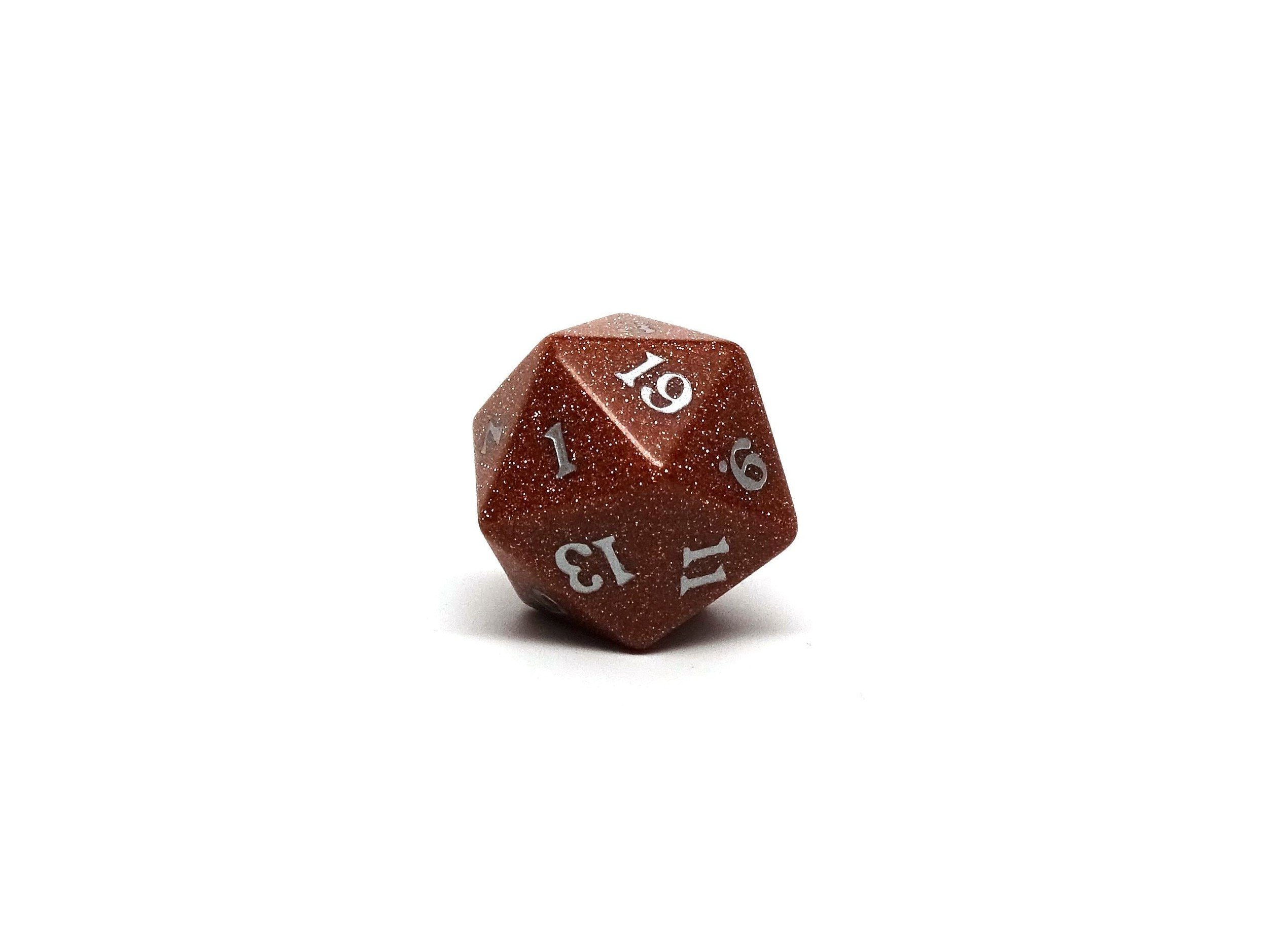 Stone D20 Dice - Goldstone - Signature Font - Bards & Cards