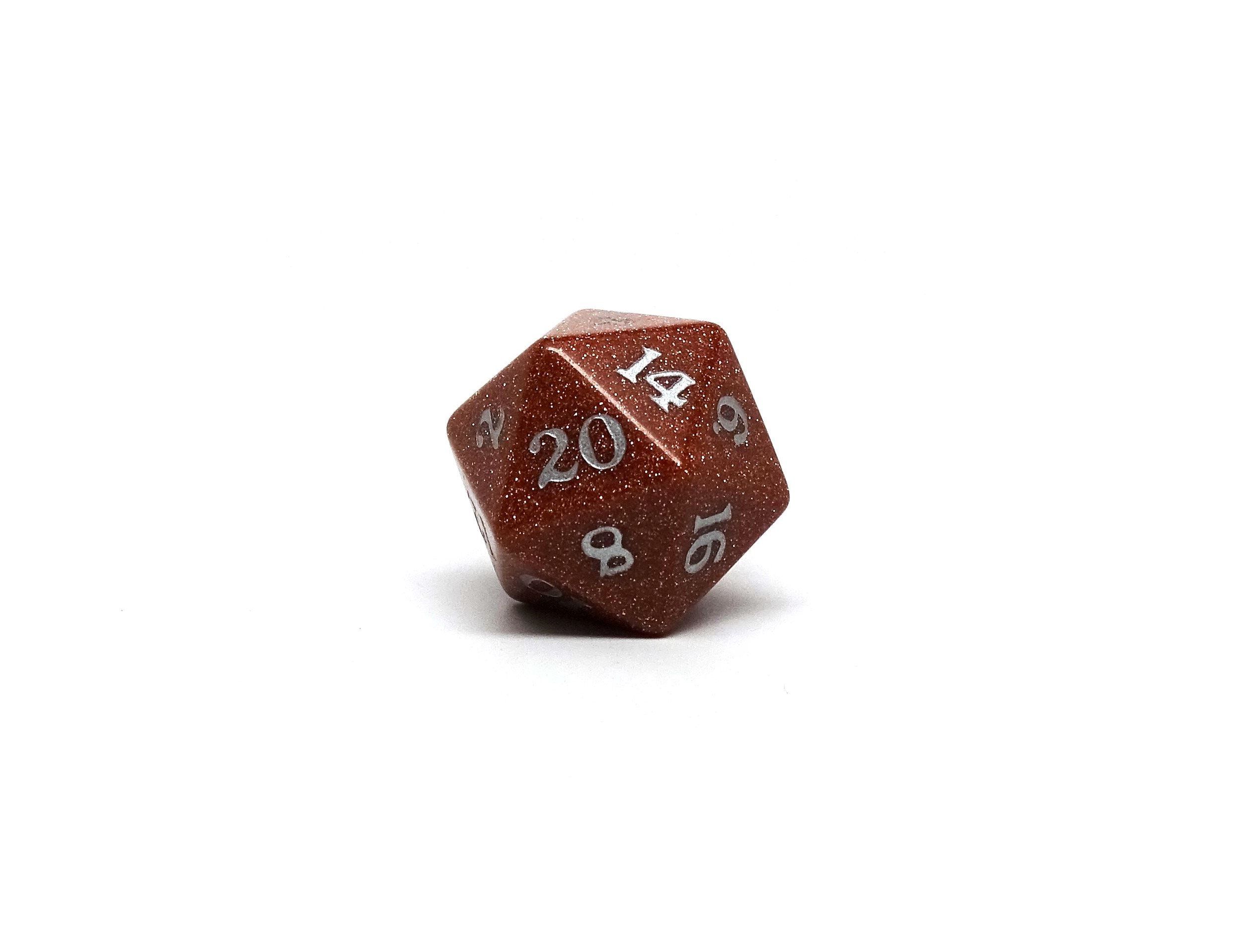 Stone D20 Dice - Goldstone - Signature Font - Bards & Cards