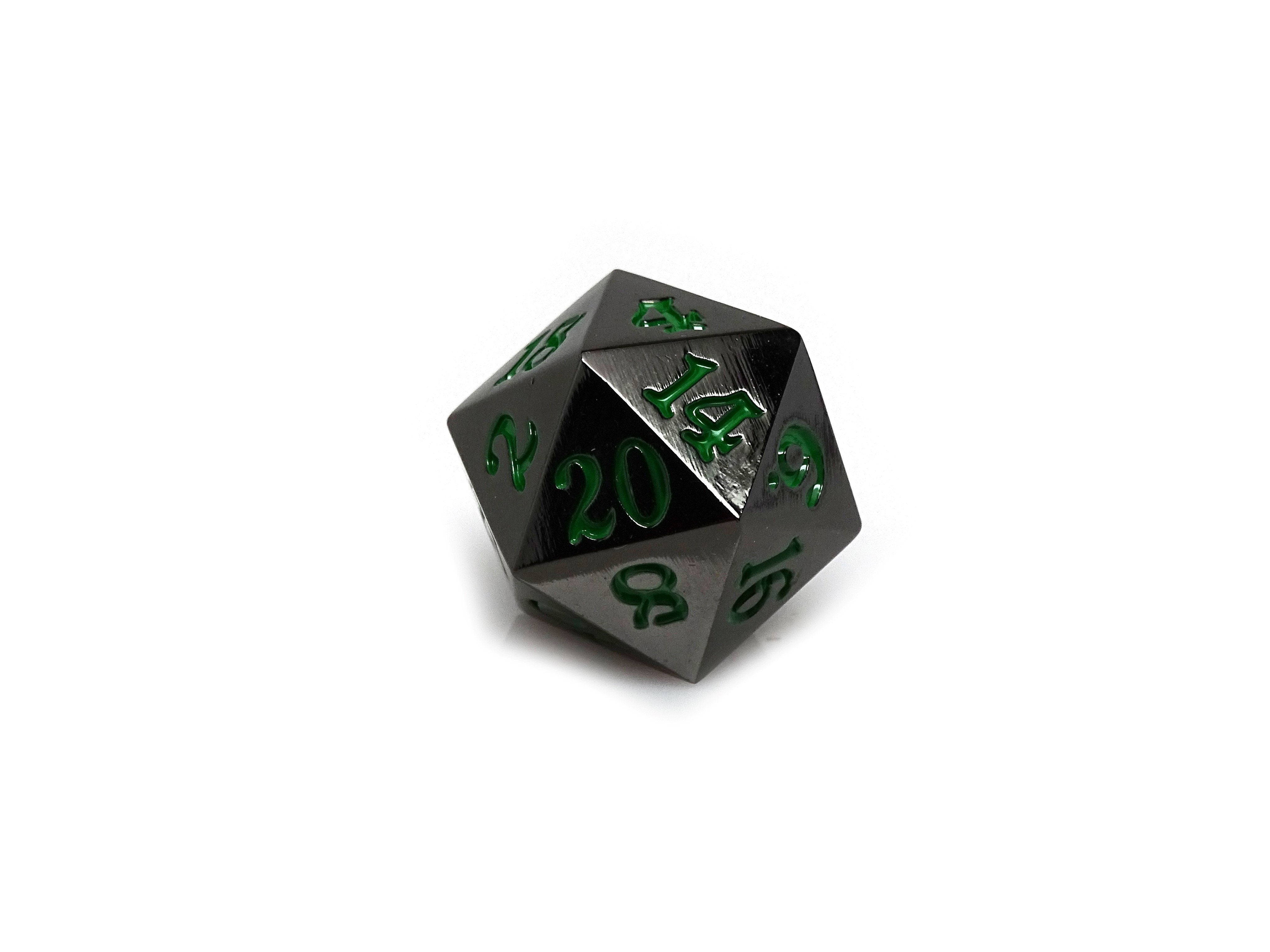 Gun Metal D20 - Signature Font -  Green Font - Bards & Cards