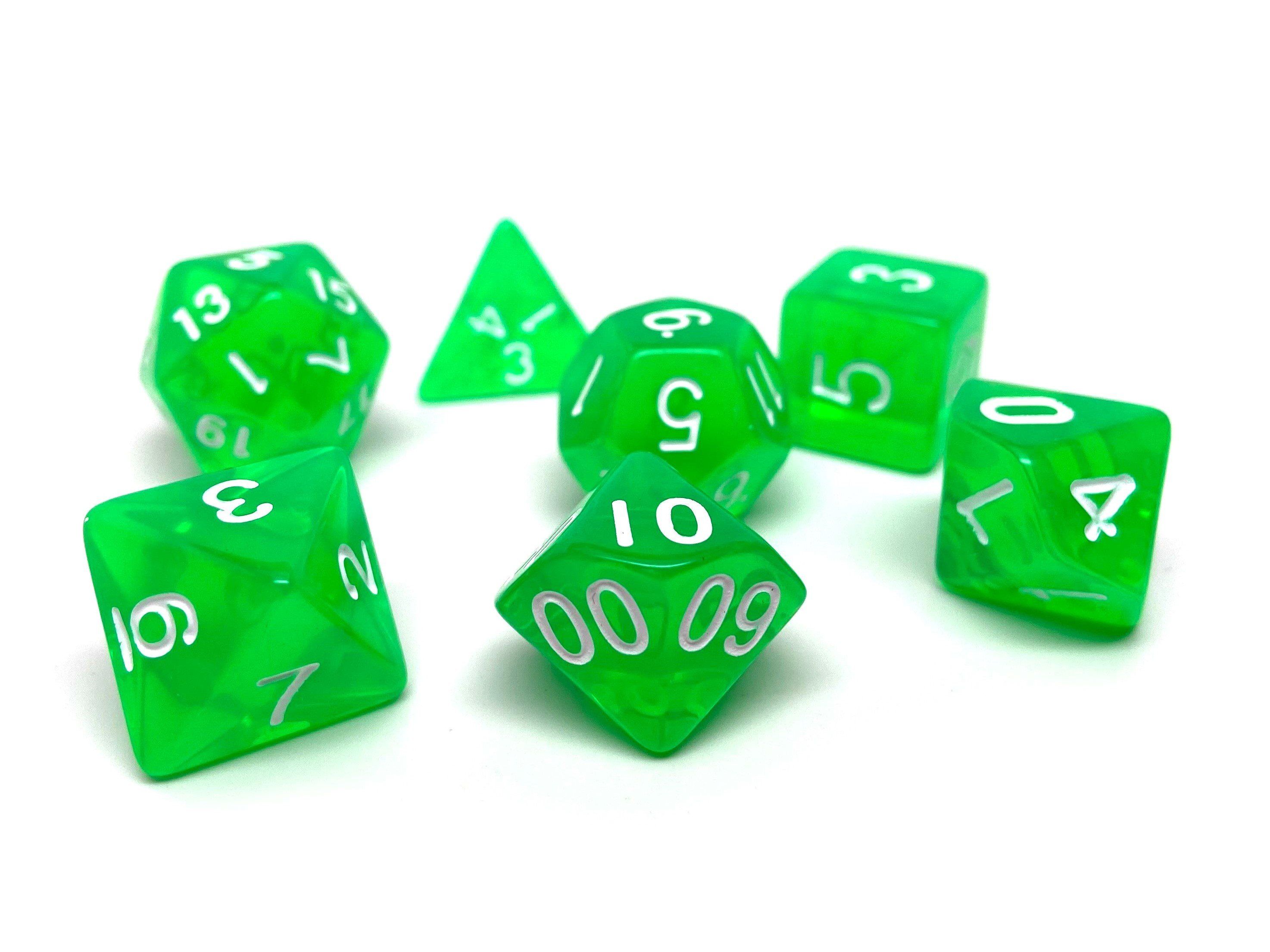 Green Translucent Dice - 7 Piece Set - Bards & Cards