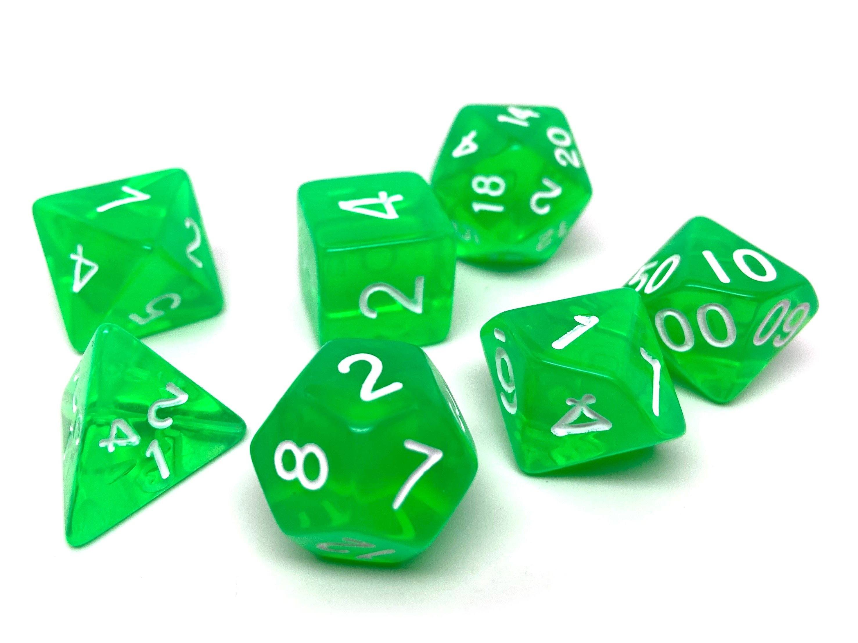 Green Translucent Dice - 7 Piece Set - Bards & Cards