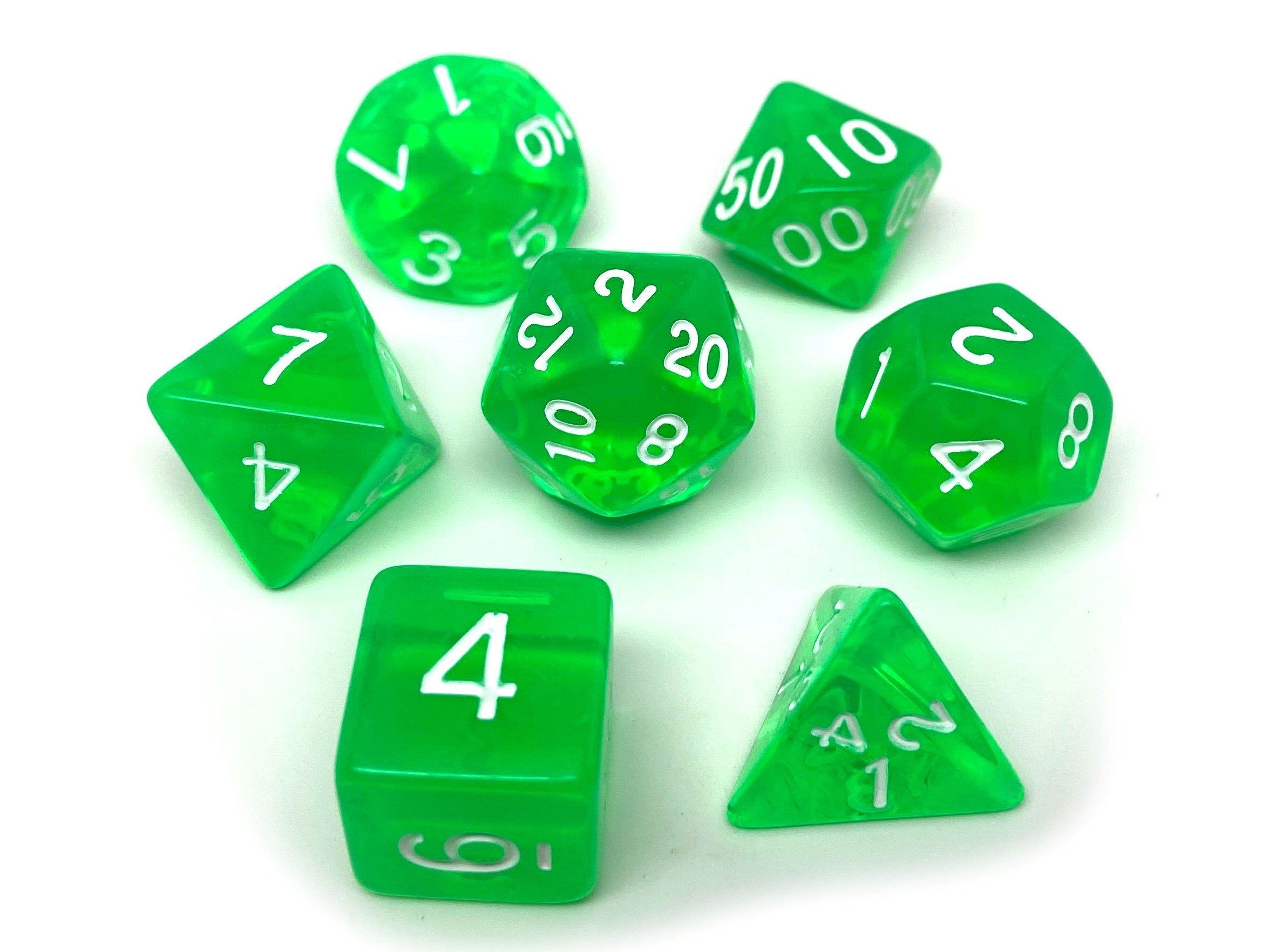 Green Translucent Dice - 7 Piece Set - Bards & Cards