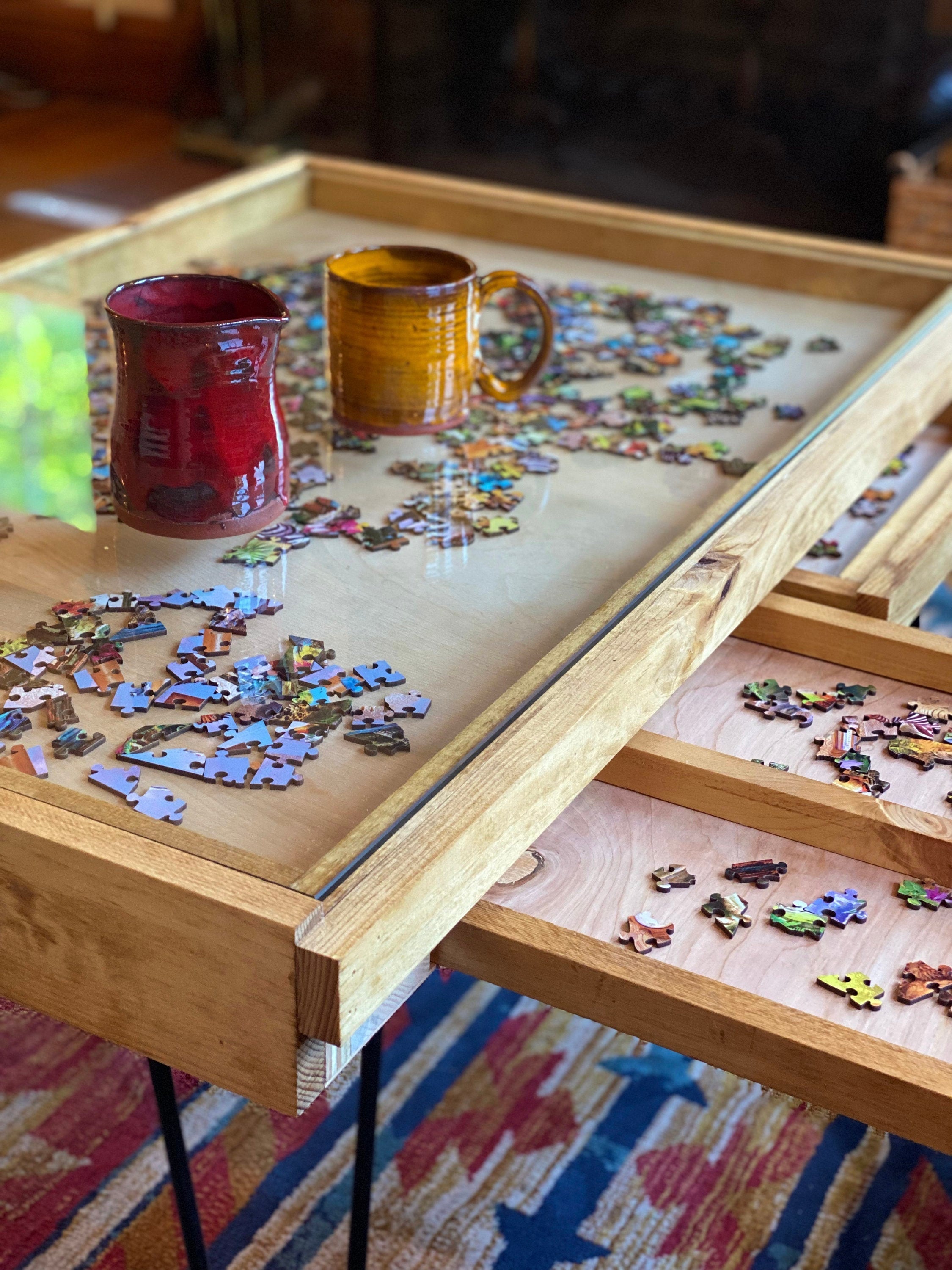 Rustic Puzzle Coffee Table with removable glass top - includes 2 hidden drawers - 24x36"