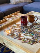 Rustic Puzzle Coffee Table with removable glass top - includes 2 hidden drawers - 24x36" - Bards & Cards