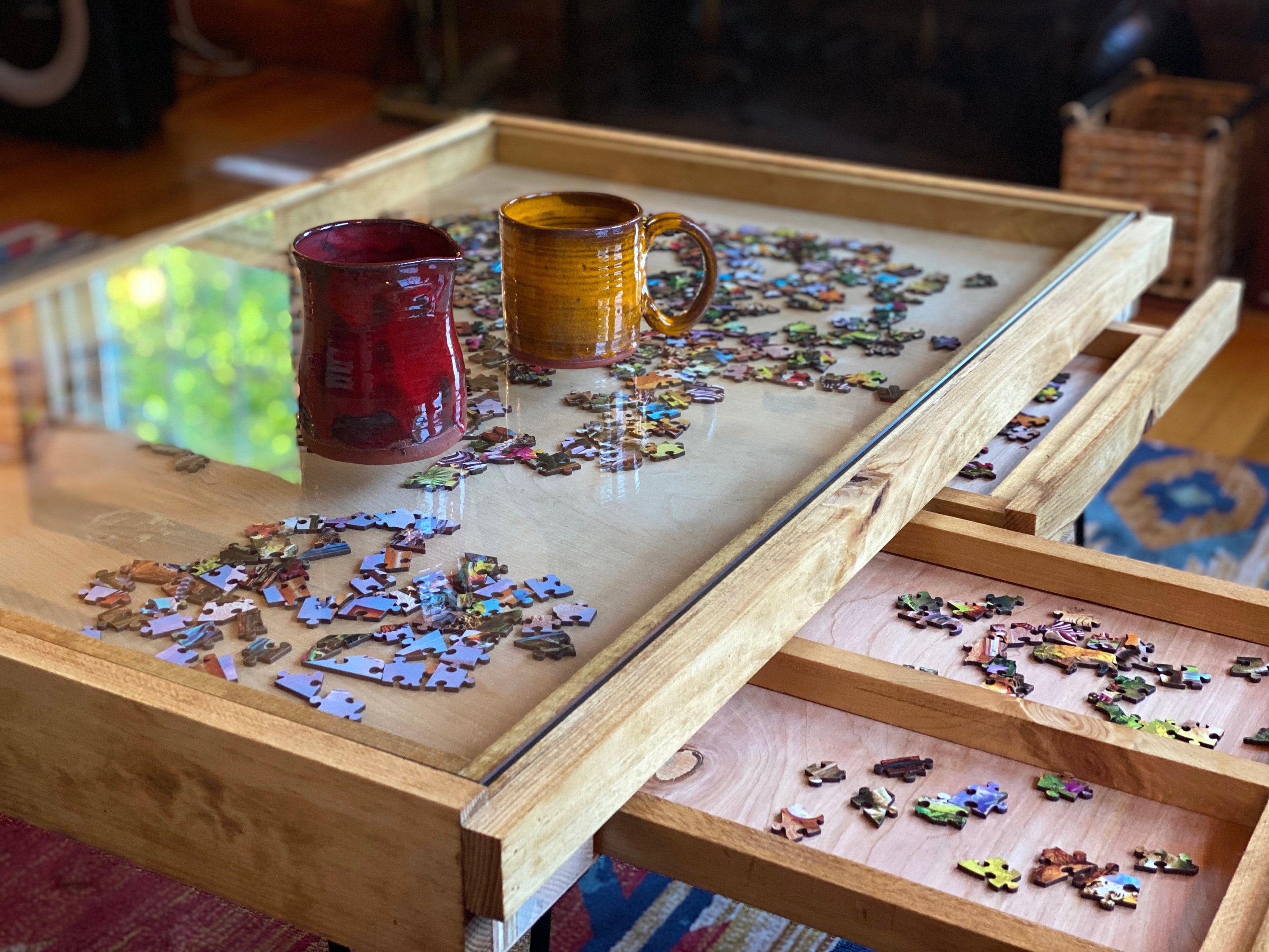 Rustic Puzzle Coffee Table with removable glass top - includes 2 hidden drawers - 24x36"