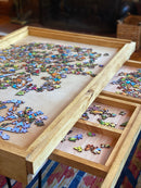 Rustic Puzzle Coffee Table with removable glass top - includes 2 hidden drawers - 24x36" - Bards & Cards