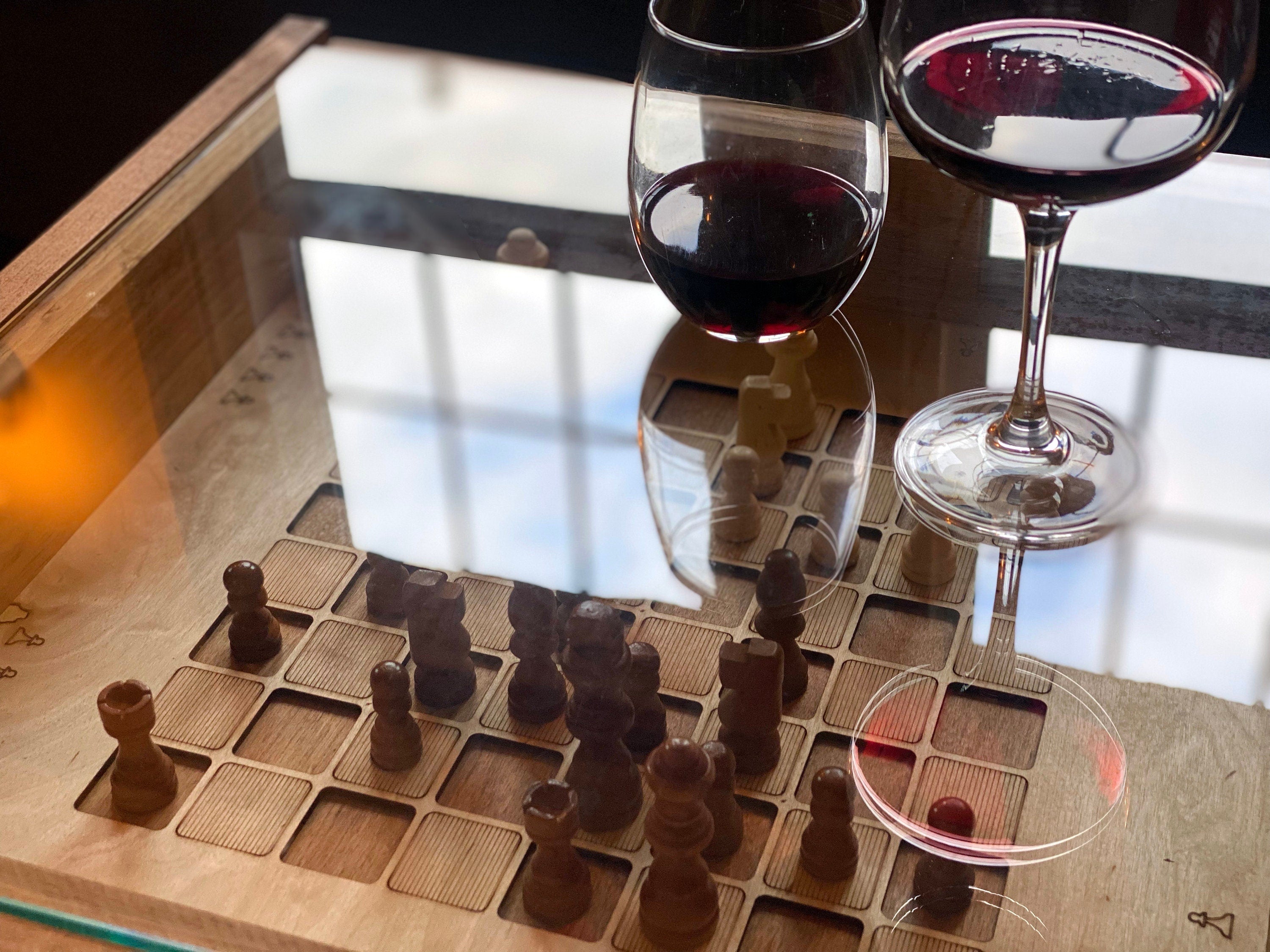 Rustic Chess and Checkers Table with removable glass top - chess and checkers pieces included