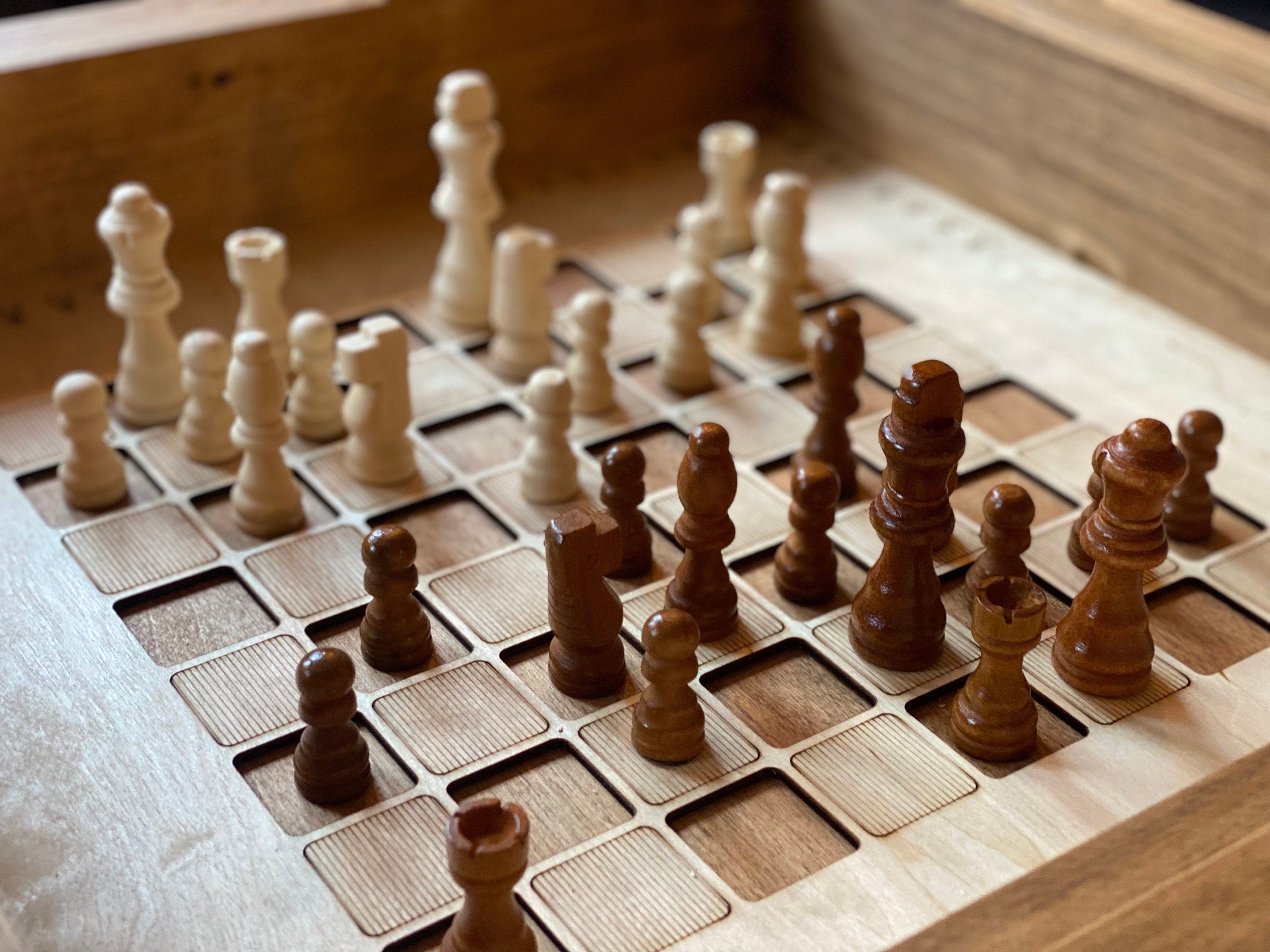 Rustic Chess and Checkers Table with removable glass top - chess and checkers pieces included