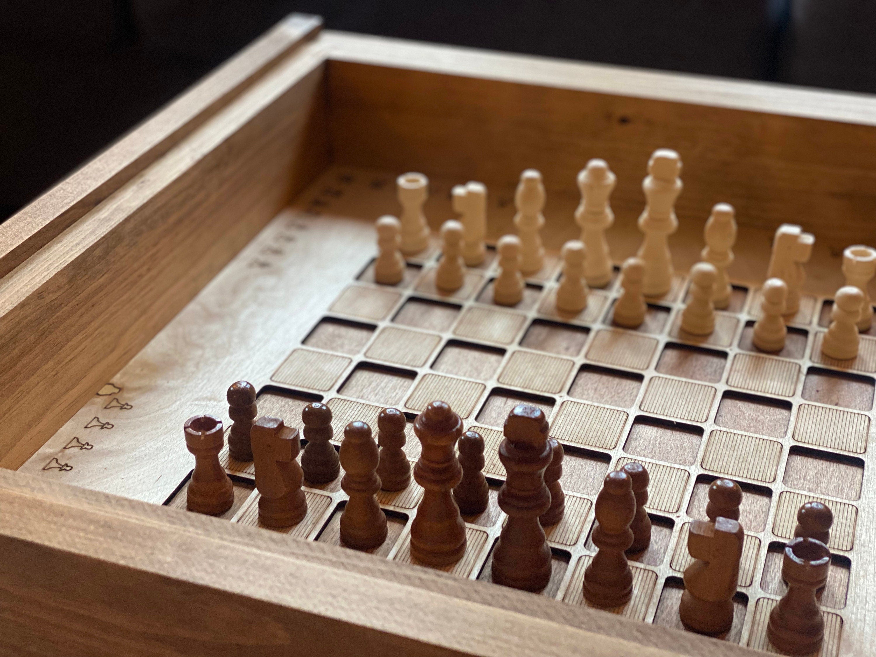 Rustic Chess and Checkers Table with removable glass top - chess and checkers pieces included