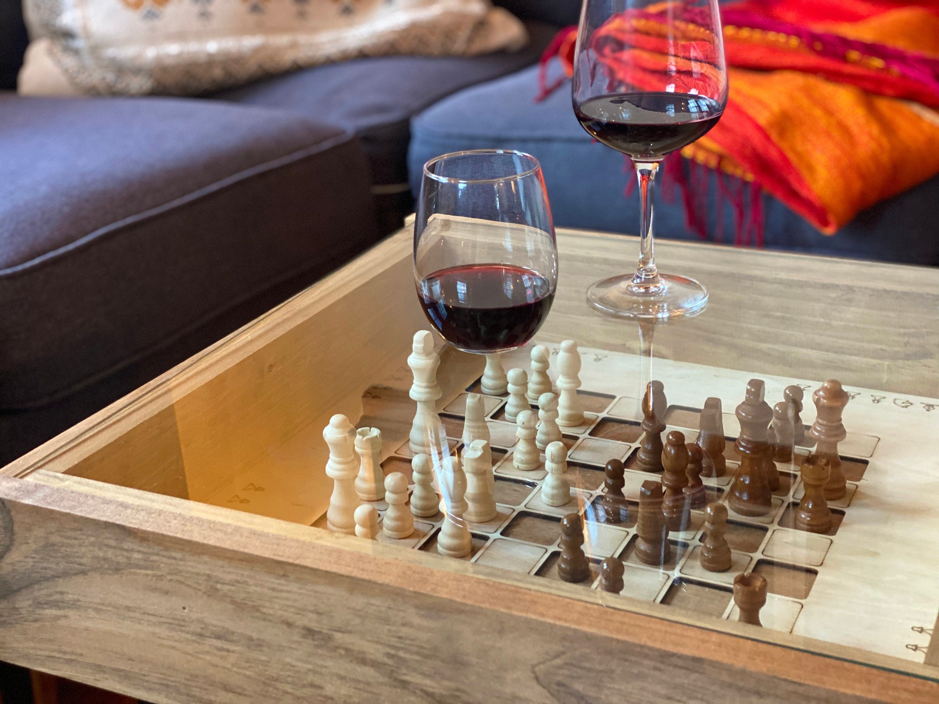 Rustic Chess and Checkers Table with removable glass top - chess and checkers pieces included