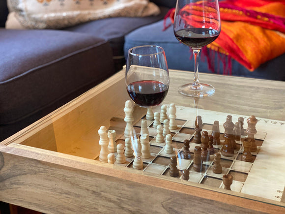 Rustic Chess and Checkers Table with removable glass top - chess and checkers pieces included - Bards & Cards