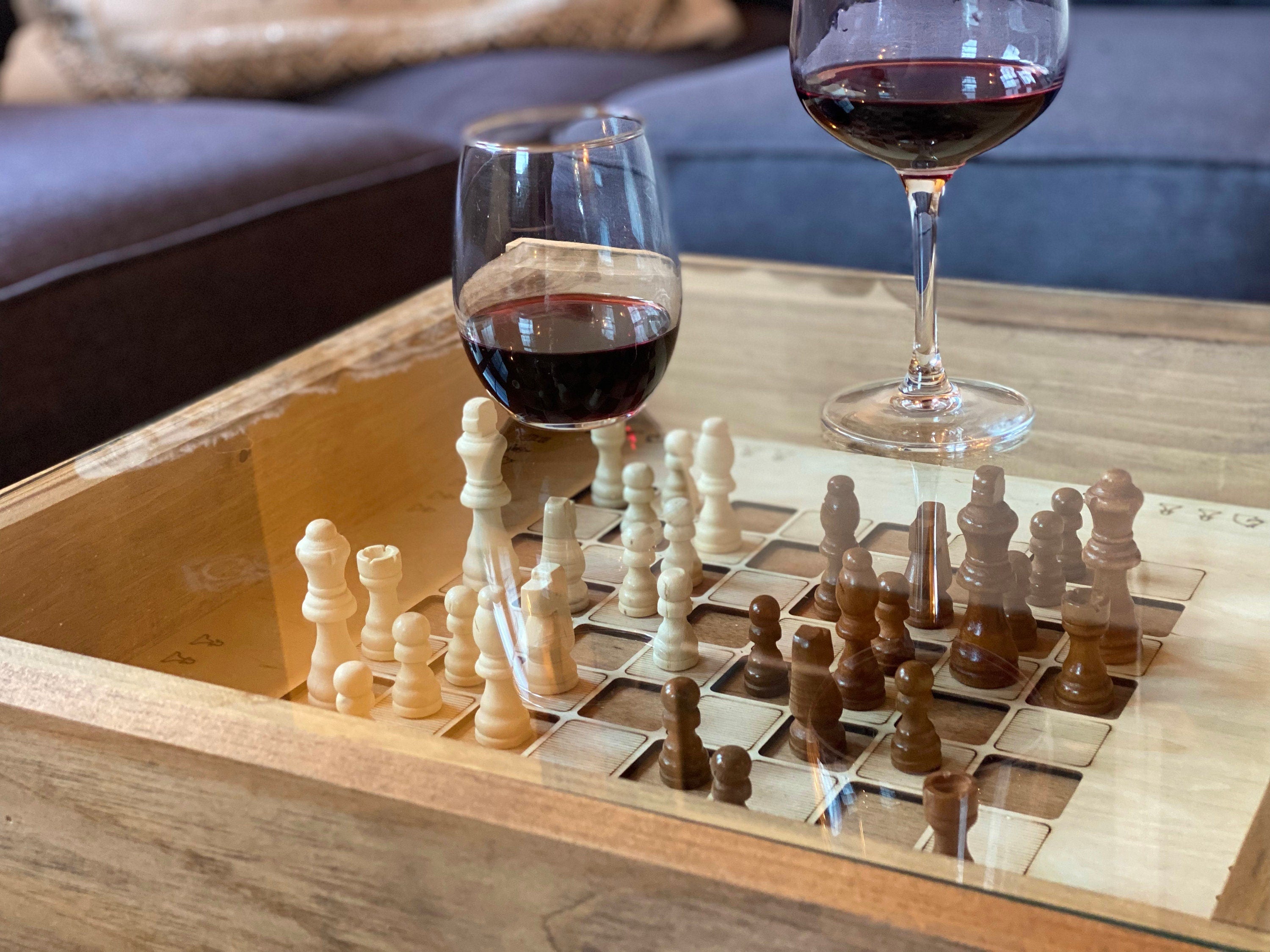 Rustic Chess and Checkers Table with removable glass top - chess and checkers pieces included