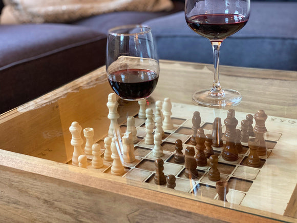Rustic Chess and Checkers Table with removable glass top - chess and checkers pieces included - Bards & Cards