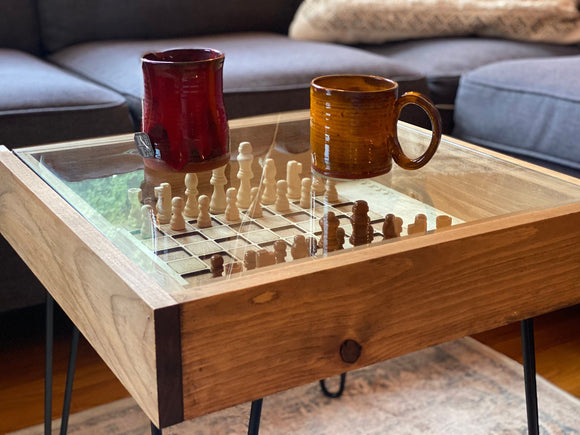 Rustic Chess and Checkers Table with removable glass top - chess and checkers pieces included - Bards & Cards