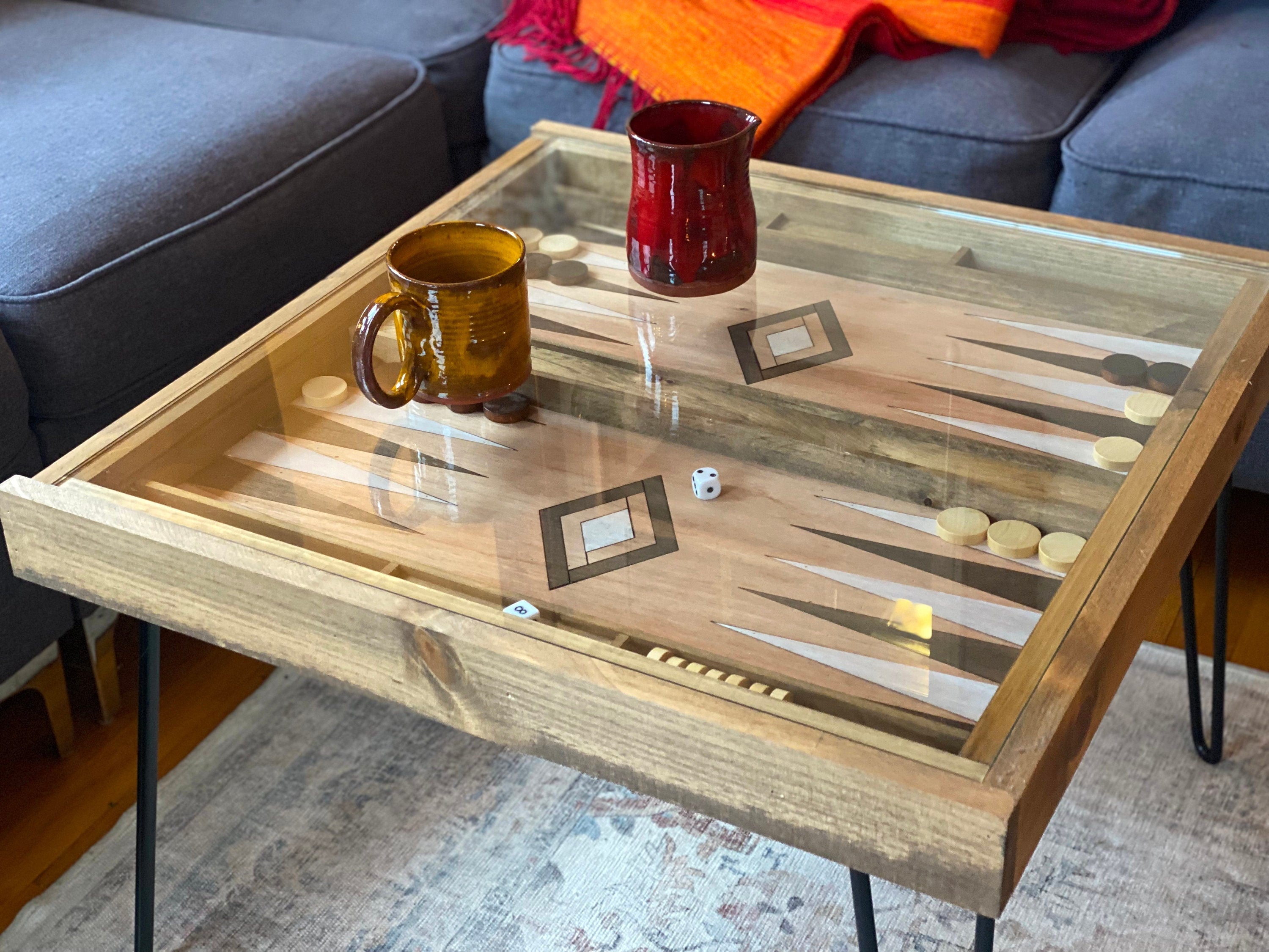 Rustic Backgammon Coffee Table with removable glass top - 25x25"