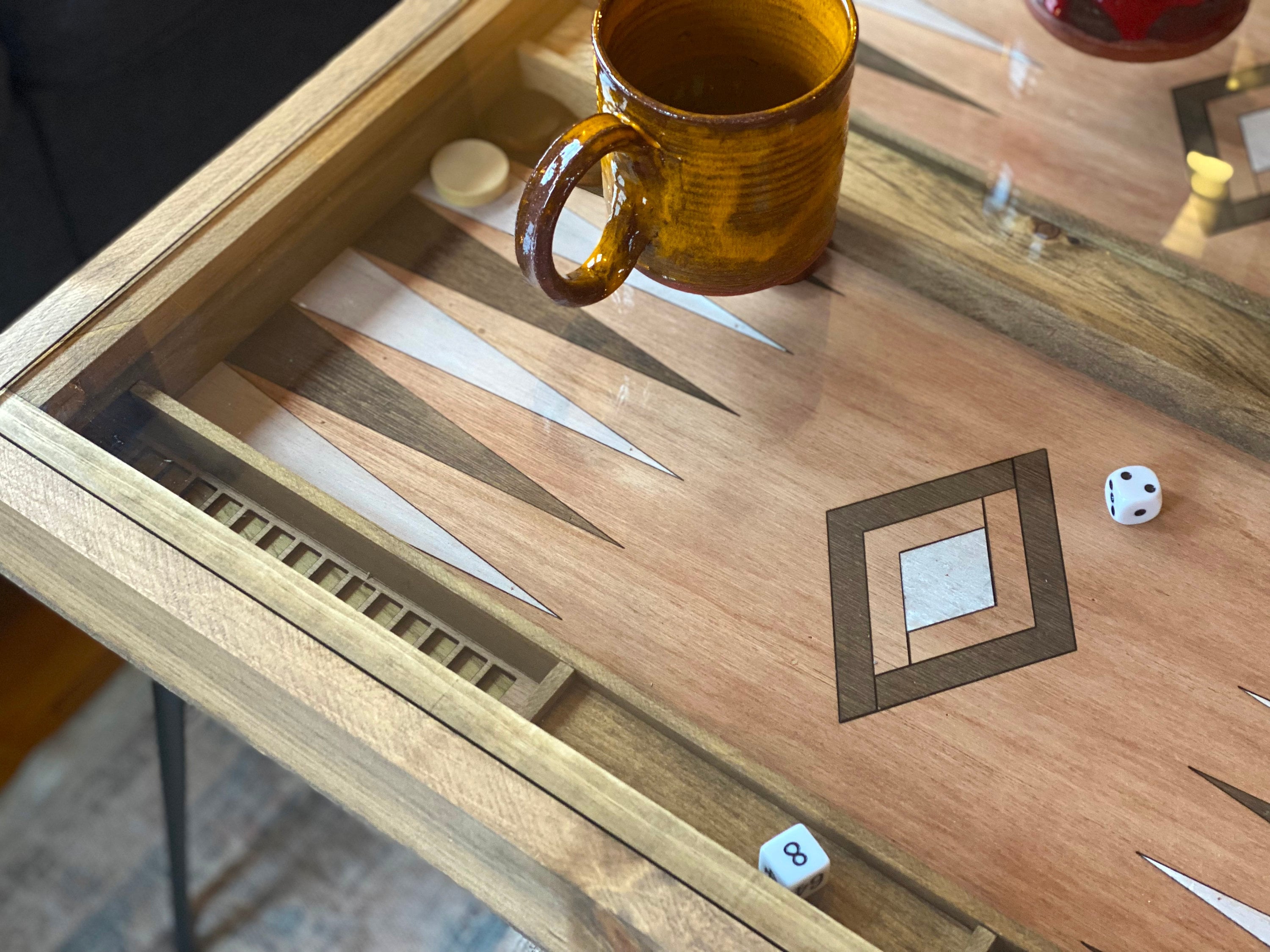 Rustic Backgammon Coffee Table with removable glass top - 25x25"