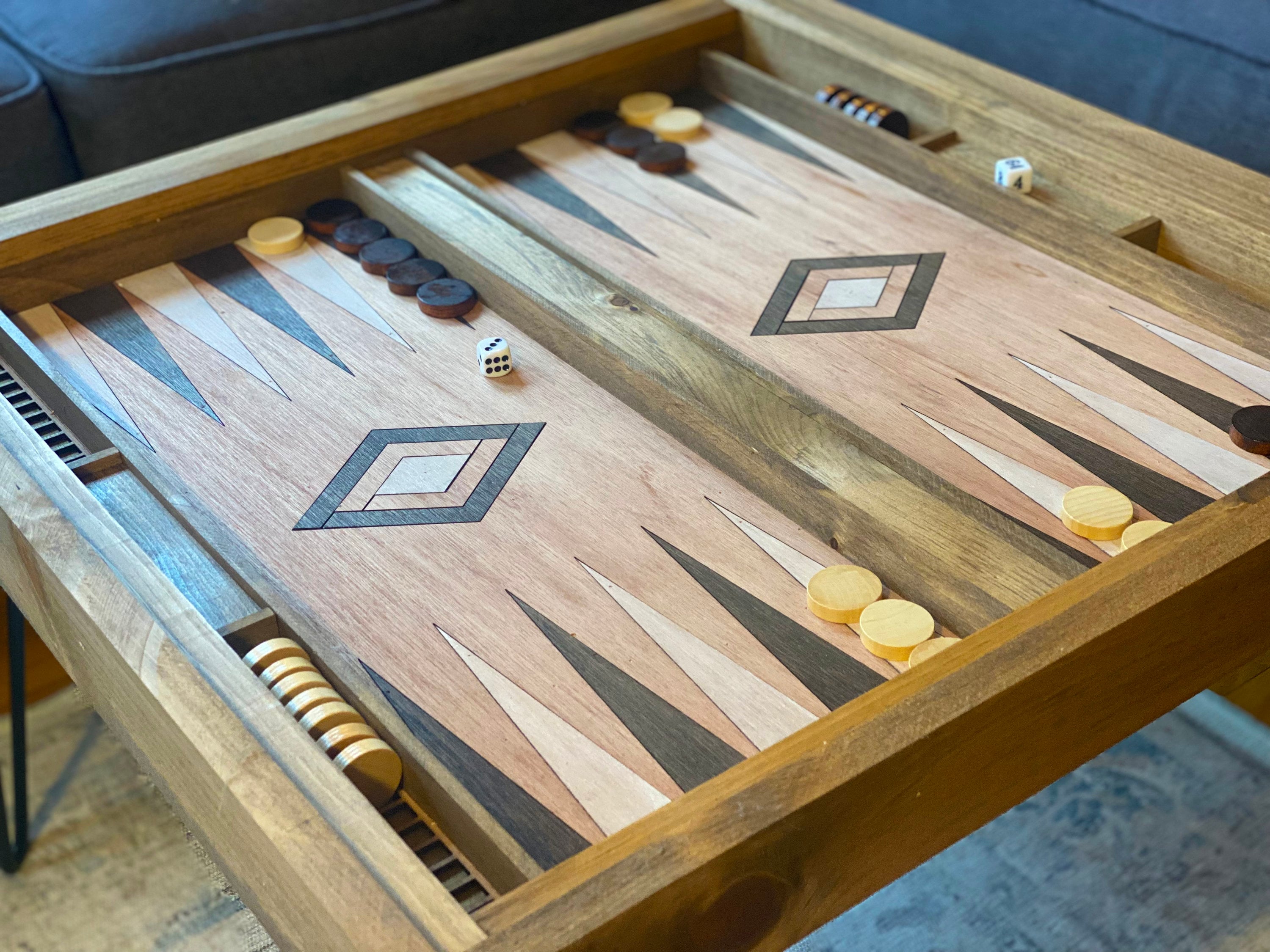 Rustic Backgammon Coffee Table with removable glass top - 25x25"