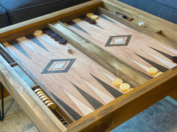Rustic Backgammon Coffee Table with removable glass top - 25x25" - Bards & Cards