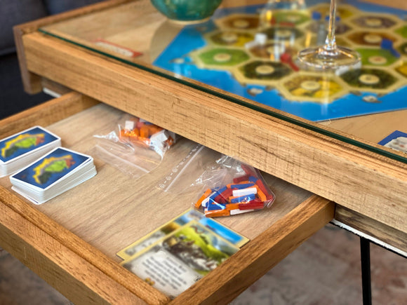 Rustic BYO Board Game Table with Removable Tempered Glass Top and Hidden Storage Drawer - Bards & Cards
