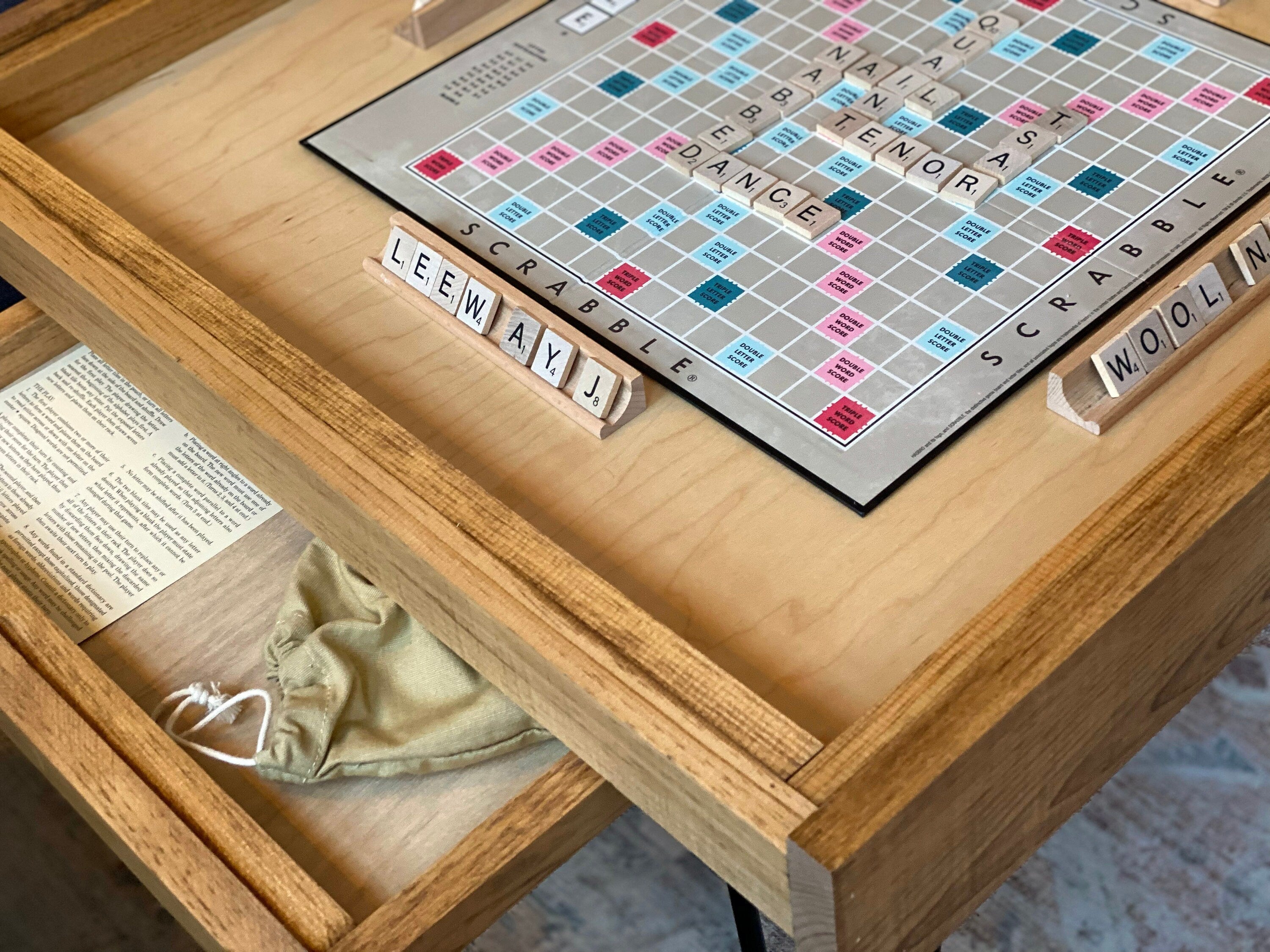 Rustic BYO Board Game Table with Removable Tempered Glass Top and Hidden Storage Drawer