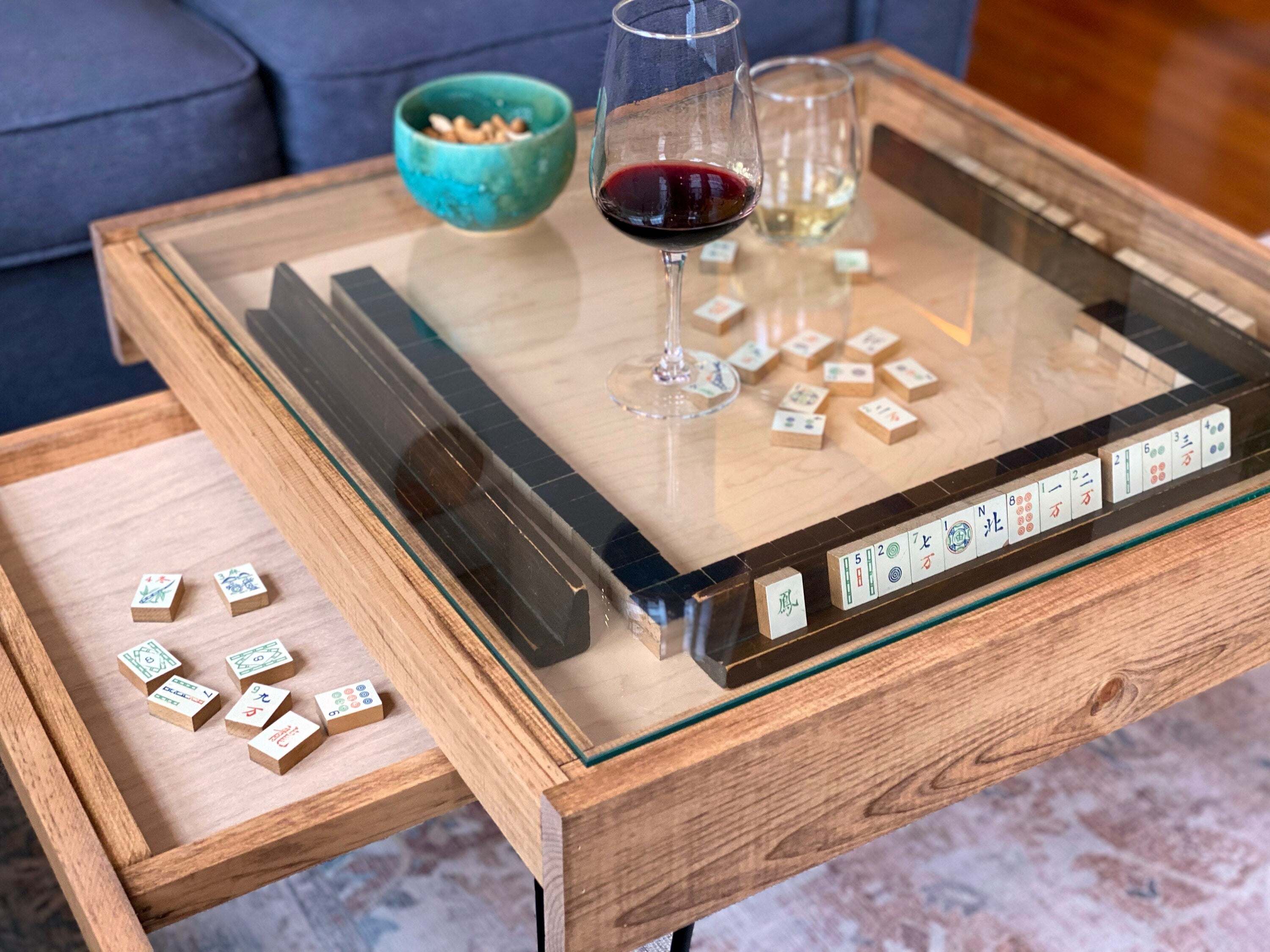 Rustic BYO Board Game Table with Removable Tempered Glass Top and Hidden Storage Drawer