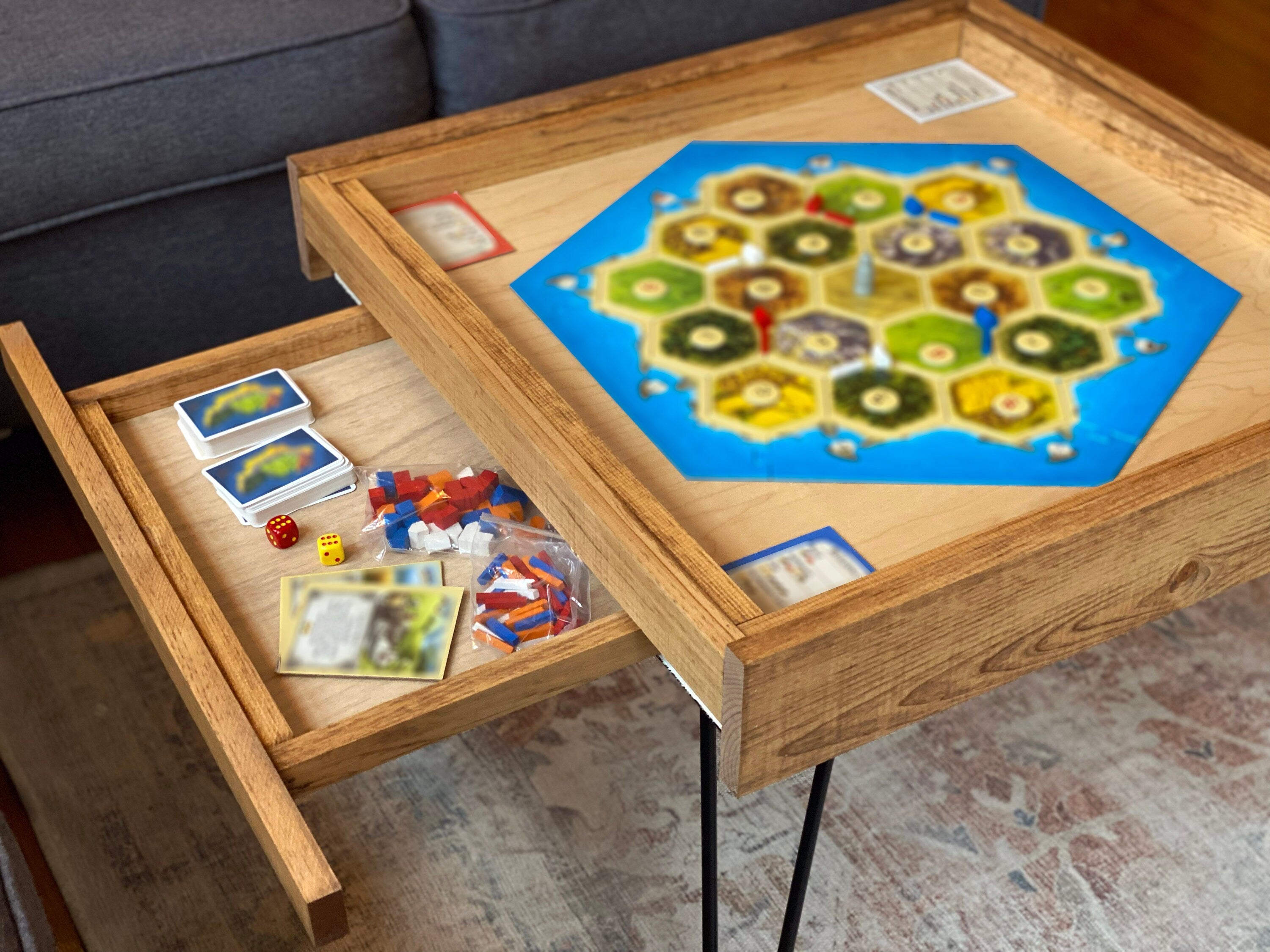 Rustic BYO Board Game Table with Removable Tempered Glass Top and Hidden Storage Drawer