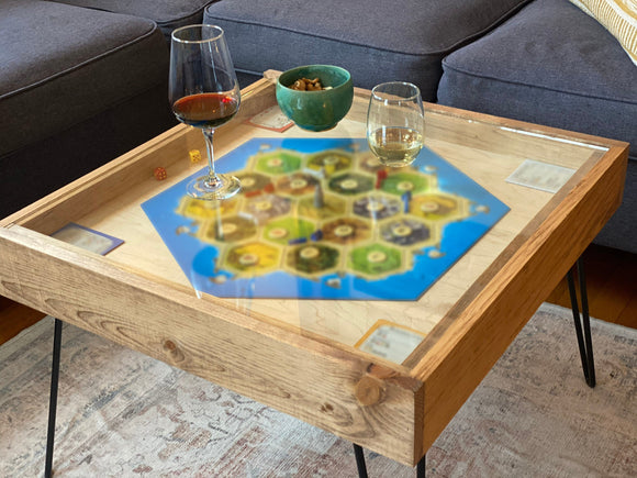 Rustic BYO Board Game Table with Removable Tempered Glass Top and Hidden Storage Drawer - Bards & Cards