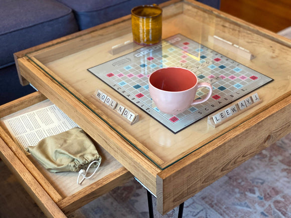 Rustic BYO Board Game Table with Removable Tempered Glass Top and Hidden Storage Drawer - Bards & Cards